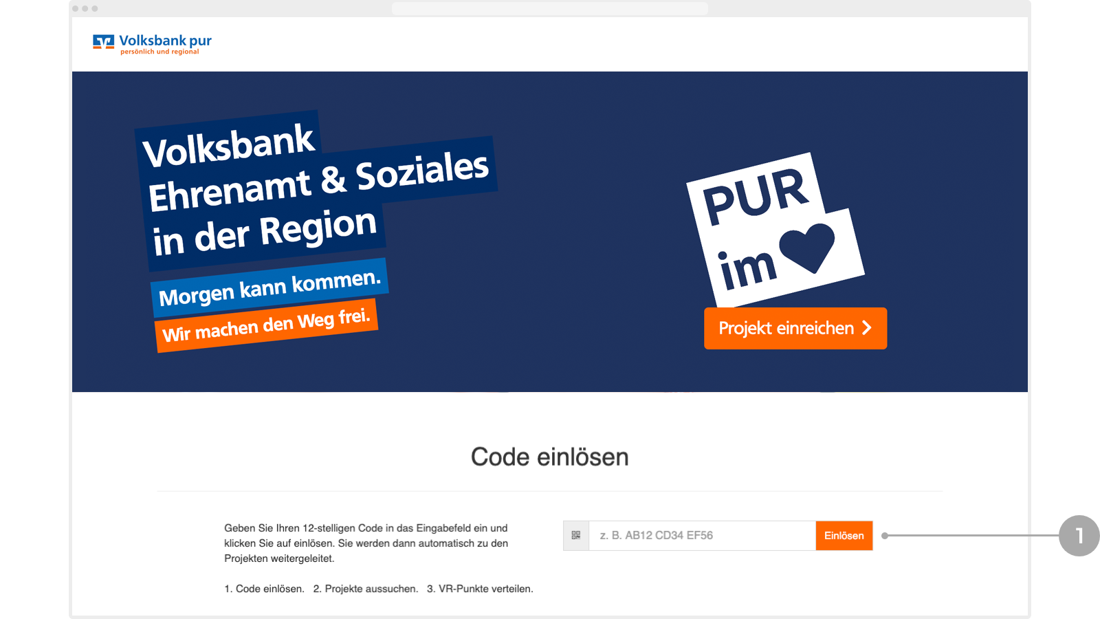 Abbildung: Eingabefeld für den Code auf der Startseite mit 'Einlösen'-Button.