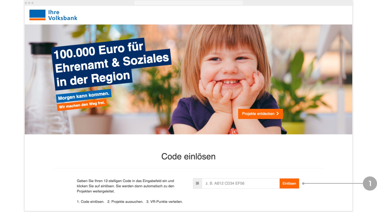 Abbildung: Eingabefeld für den Code auf der Startseite mit 'Einlösen'-Button.